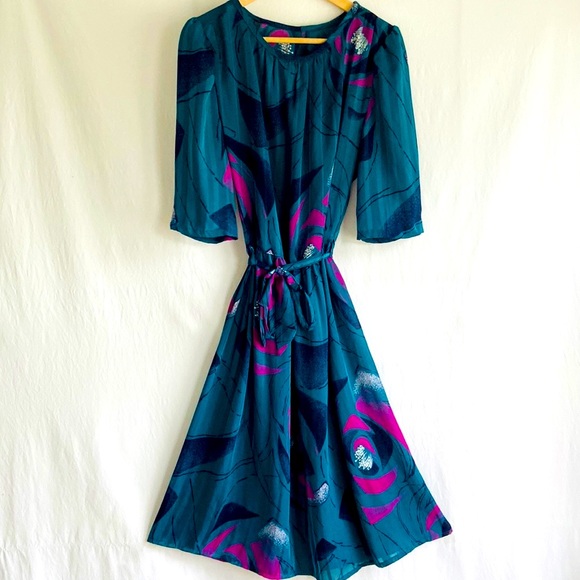 Vintage Dresses & Skirts - Vintage 1970s Teal & Purple Day Dress Sz 8